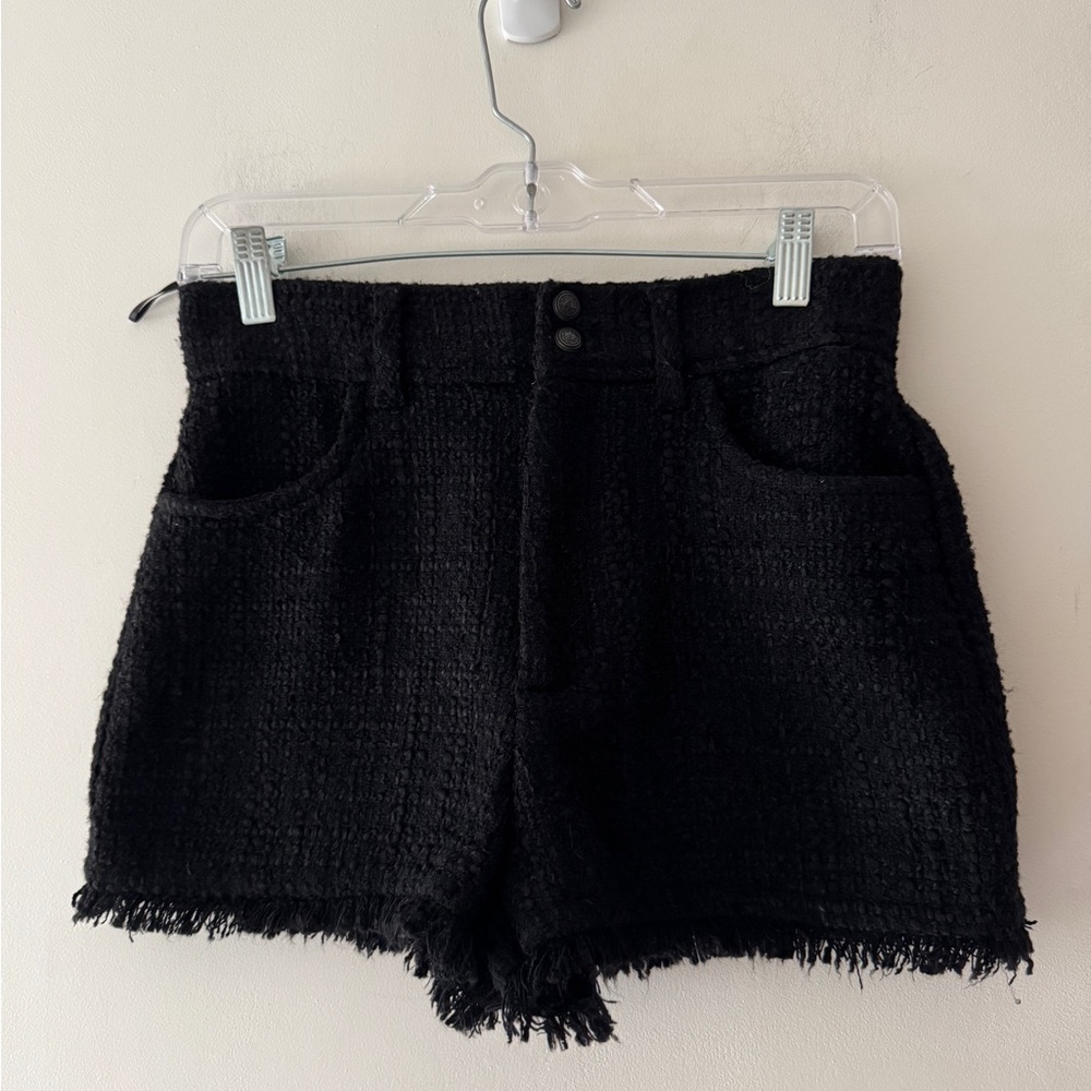 Zara Black Tweed Textured Adorable High Waisted Frayed Hem Shorts‎ - Picture 3 of 8